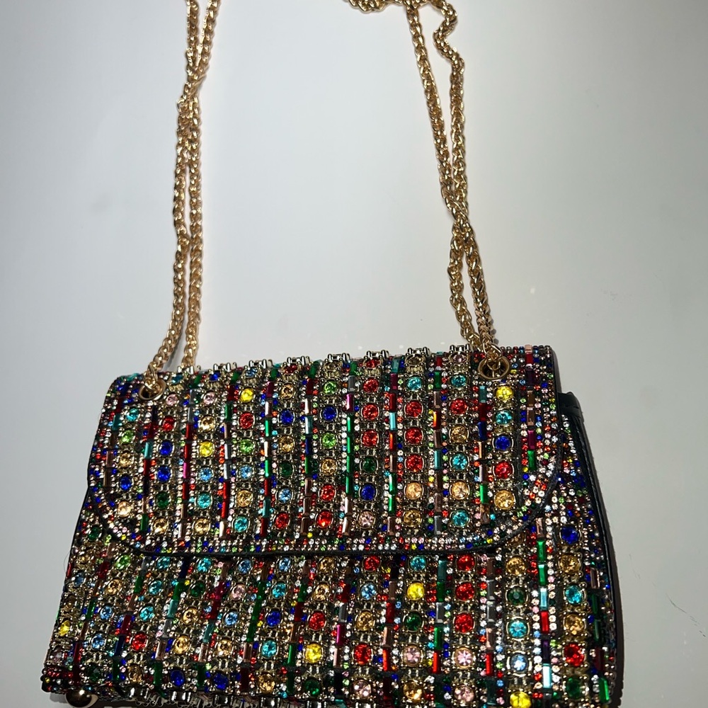 Multicolor Beaded Women's Bag with Gold Chain